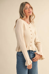 RUFFLE HEM RIBBED KNIT SWEATER CARDIGAN Blue
