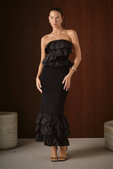 Mixed Media Strapless Fitted Maxi Dress
