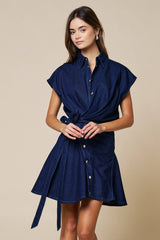 Denim Asymmetrical Button Down Front Tie Mini Dress