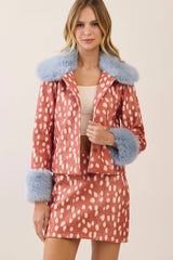 Faux fur trim animal print jacket