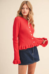 RUFFLE HEM RIBBED KNIT SWEATER CARDIGAN Blue