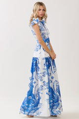 Royal Blue Shirts Collar Print Maxi Dress