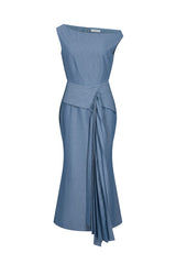 Woven Midi Dress W/ Pleated Waist Tie Detail