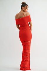 Red Off Shoulder Knit Crochet Maxi Dress