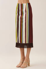 Striped Fringe Hem Midi Skirt