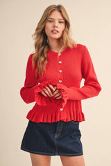 RUFFLE HEM RIBBED KNIT SWEATER CARDIGAN Blue