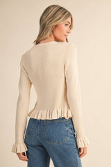 RUFFLE HEM RIBBED KNIT SWEATER CARDIGAN Blue