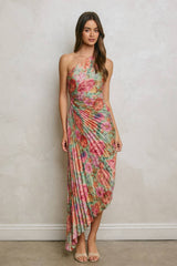 Floral One Shoulder Asymmetrical Pleated Dress