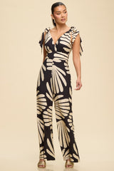 Black and Ivory Palms Tie Shoulder Jumpsuit