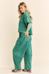 MINERAL WASHED TOP ELASIC WAIST BARREL PANTS SET