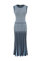 Pinstripe Knit Godet Sleeveless Midi Dress Blue