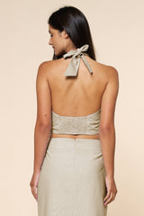Crisscross Halter Crop Top W/ Shell & Bead Trim