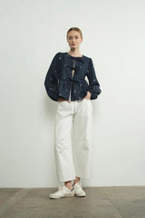 Lara Bow Print Denim Bow Tie Blouse - PRINZZESA BOUTIQUE