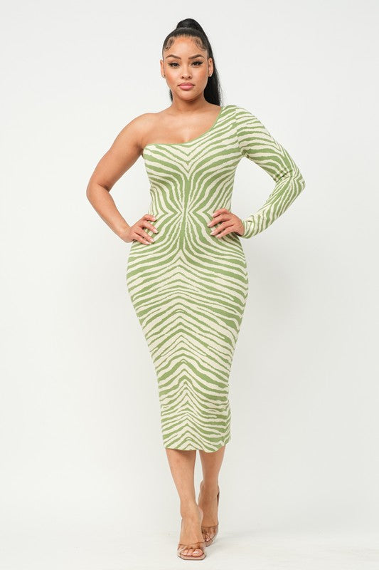 One Shoulder Animal Stretch Dress Green/Taupe
