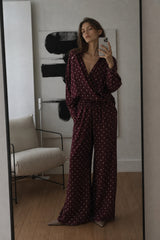 Polka Dot Elastic Waist Pants Bordeaux