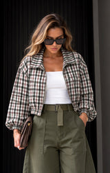 Olive and Brown Windbreaker Bomber Check Jacket
