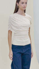 Asymmetrical Ruched Mesh Top in Desert Rust
