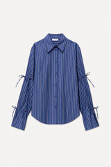 Blue Pinstripe Blouse with Double Puff Sleeves