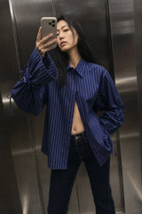 Blue Pinstripe Blouse with Double Puff Sleeves